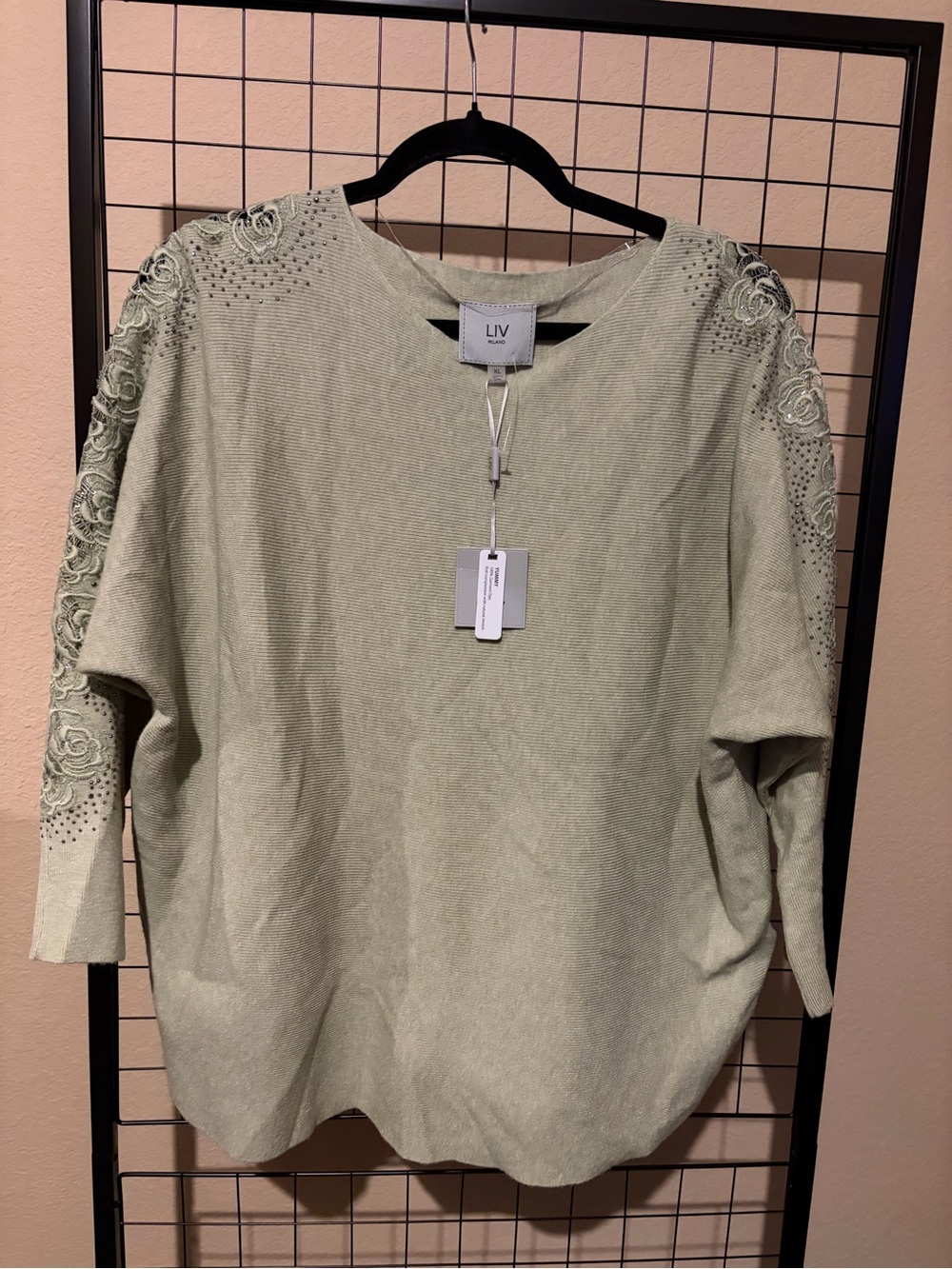 Liv Milano Sage Green Embellished Sleeve Sweatshirt